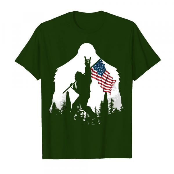 Bigfoot Rock And Roll Usa Flag In The Forest Men's T-Shirt Deep Forest