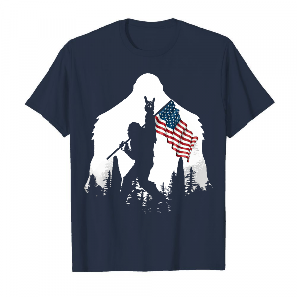 Bigfoot Rock And Roll Usa Flag In The Forest Men's T-Shirt Navy